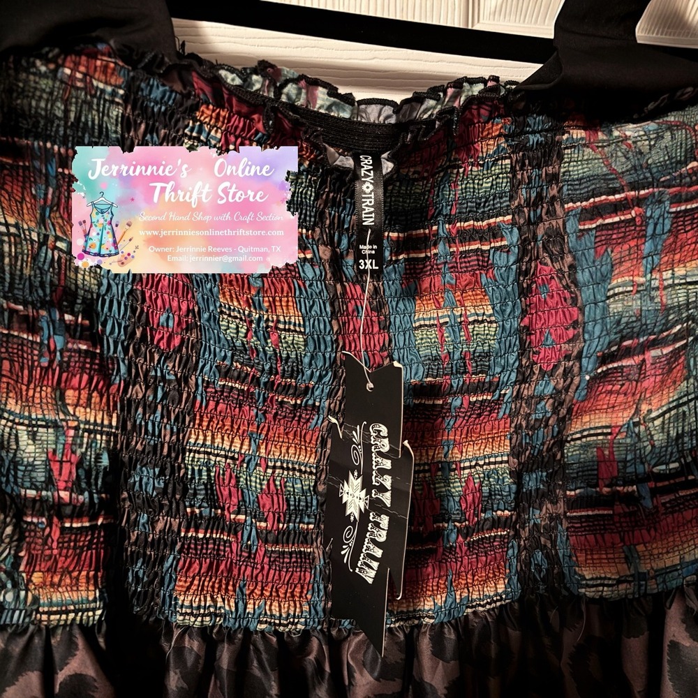 Crazy Train Womens 3XL Smocked Cold Shoulder Top Serape Leopard Mixed Print NWT - Picture 5 of 5